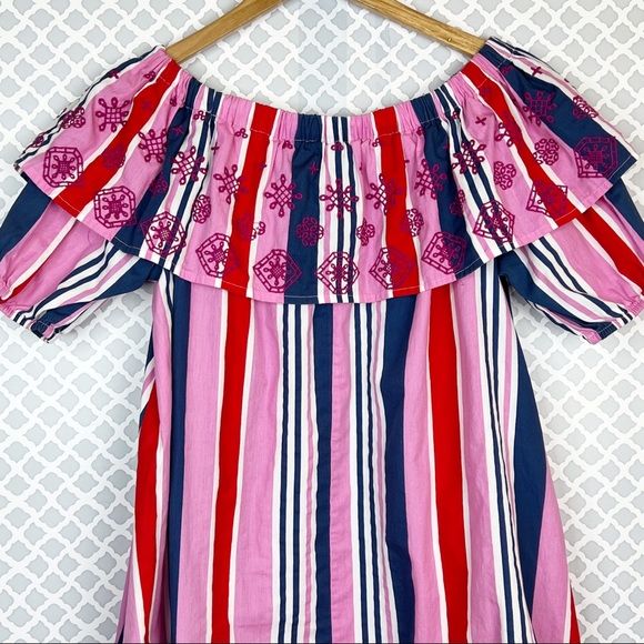 EUC ASOS Pink Multi Striped Off Shoulder Eyelet Dress - Picture 6 of 11